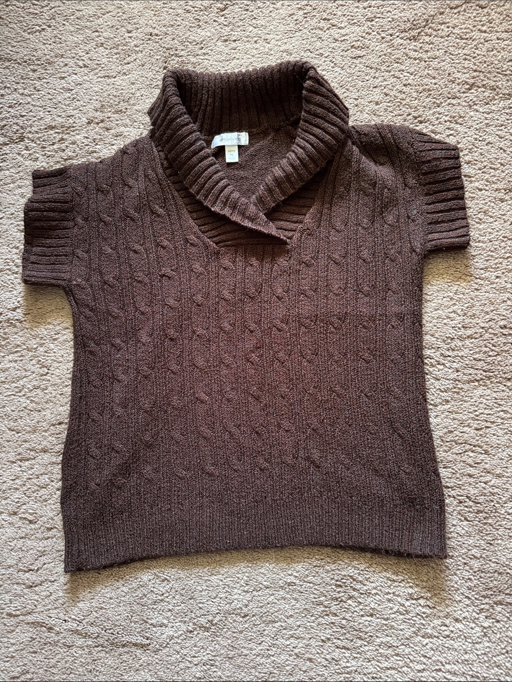 dressbarn Brown Cable Knit Short-Sleeve Shawl Collar Sweater. Size PL